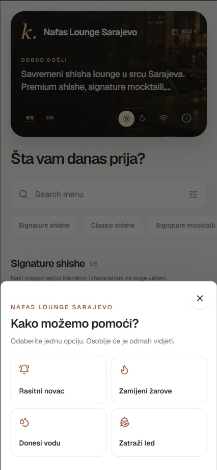 Smart Menu izbor zahtjeva za osoblje
